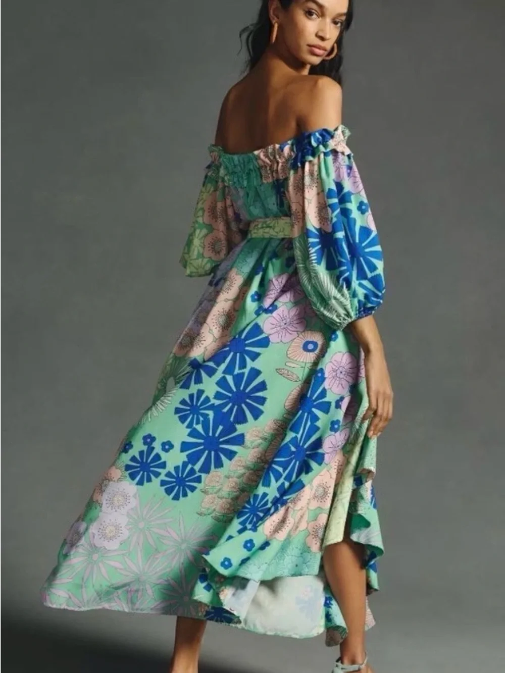 Anthropologie Oopscool Off-Shoulder Floral Midi Dress in Mint and Blue size S - Picture 2 of 10